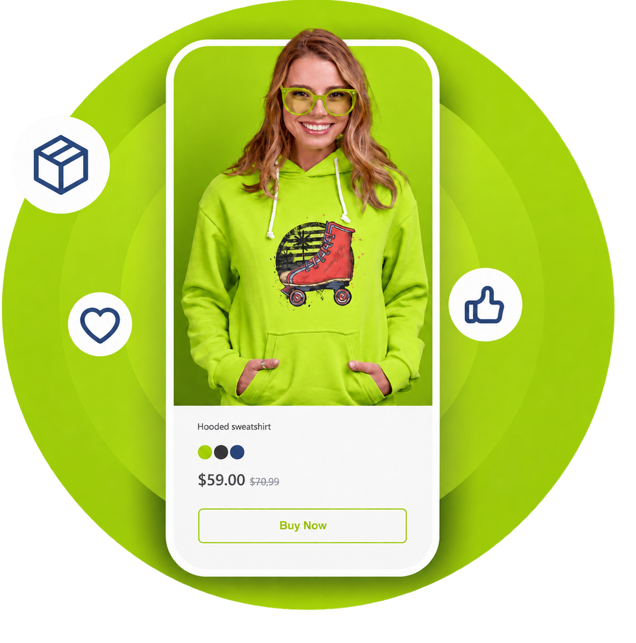 An online storefront with a model wearing a lime green hoodie